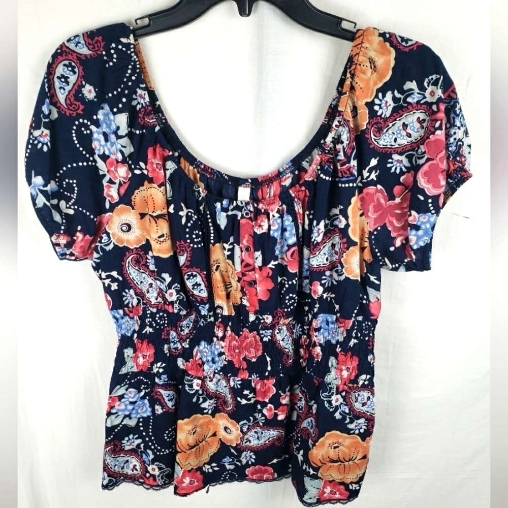 Xhilaration Navy Floral Short Sleeve Peasant Shirt Sz XXL